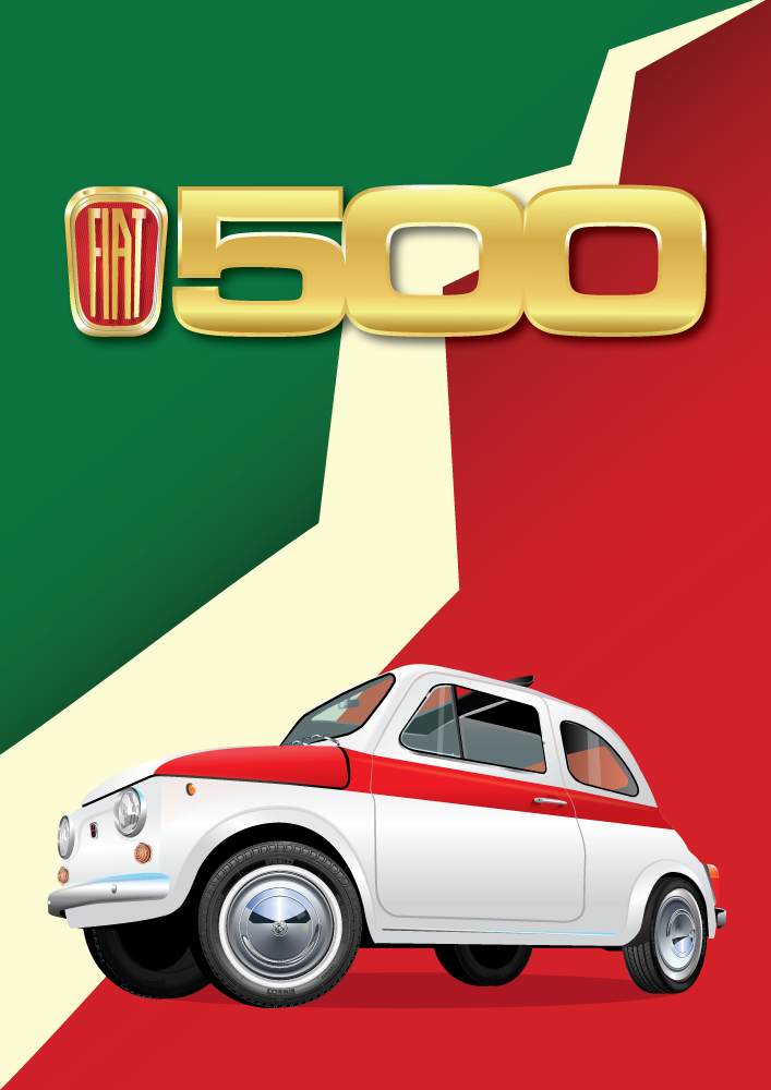 FIAT poster - White 500 with red stripe - lightning italian flag background - Gold 500