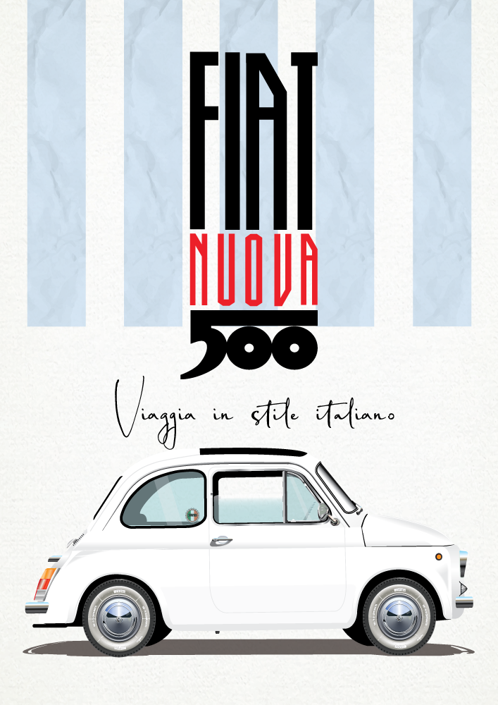 FIAT poster - white 500 with blue stripe background - Viaggia in stile italiano