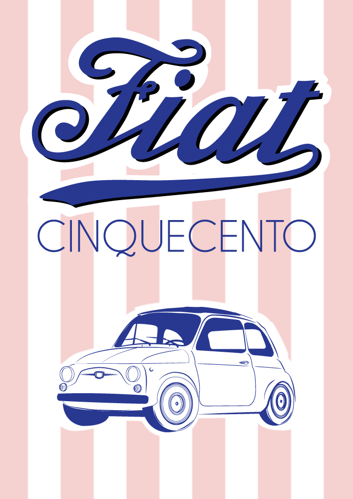 White FIAT 500 poster on pink candy stripe background - Fiat Cinquecento