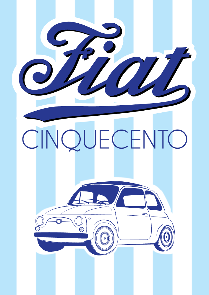 White FIAT 500 poster on blue candy stripe background - Fiat Cinquecento