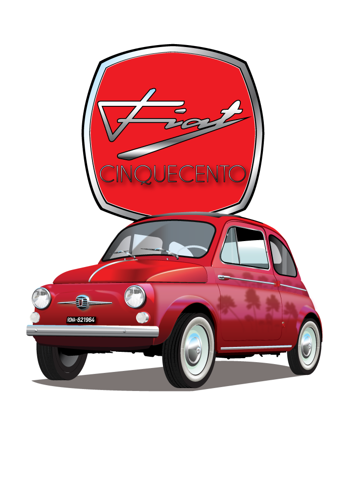 Red FIAT 500 Nuova poster on white  background - stylised logo