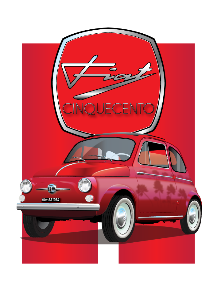 Red FIAT 500 Nuova poster on red stripe background - stylised logo