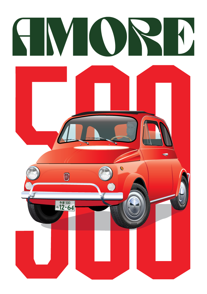 Red FIAT 500 poster on white background - Amore 500