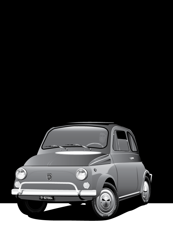 Grey FIAT 500 poster on black and white background