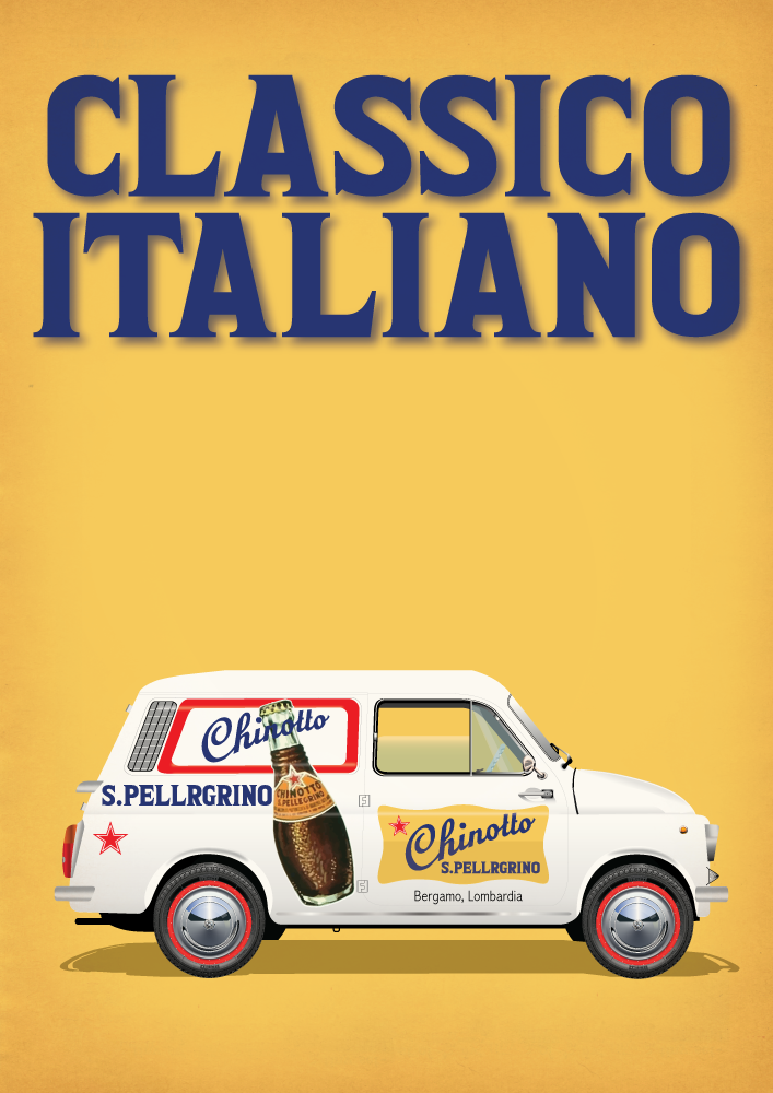 White FIAT 500 Giardiniera - Furgoncino poster on yellow background - Chinotto