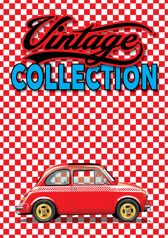 Red FIAT 500 poster on red/ white checker background - Vintage Collection
