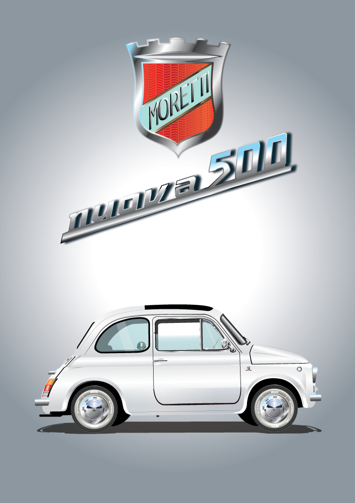 FIAT poster - WHITE 500 Moretti - Grey background - Moreitti Tonino Nuova 500