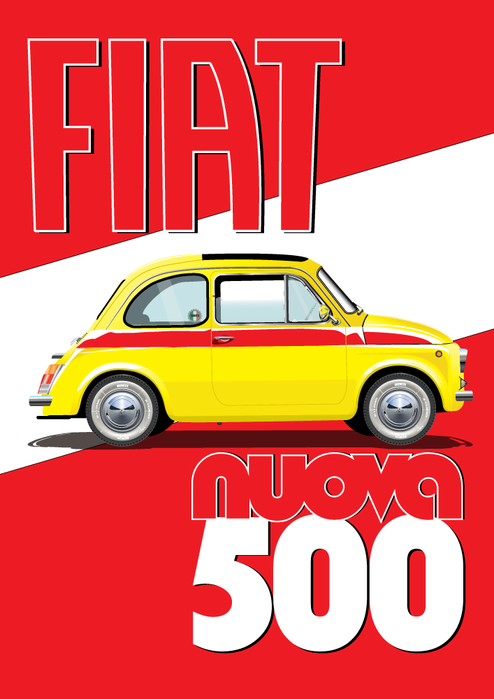 FIAT poster - Yellow 500 Fiat Red Stripe - Red and White background - Fiat Nuova 500