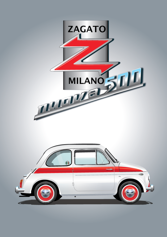 FIAT poster - White 500 Zagato - Grey background - Zagato Milano Nuova 500
