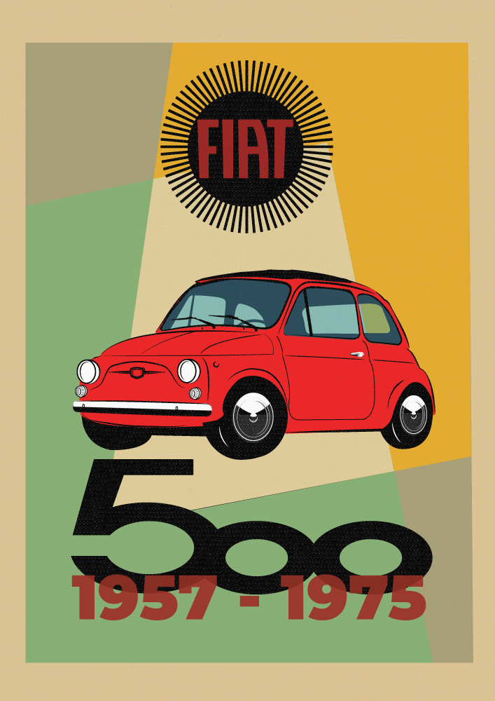 FIAT poster - Red 500 - Retro background - Sunburst logo - 500 1957 - 1975