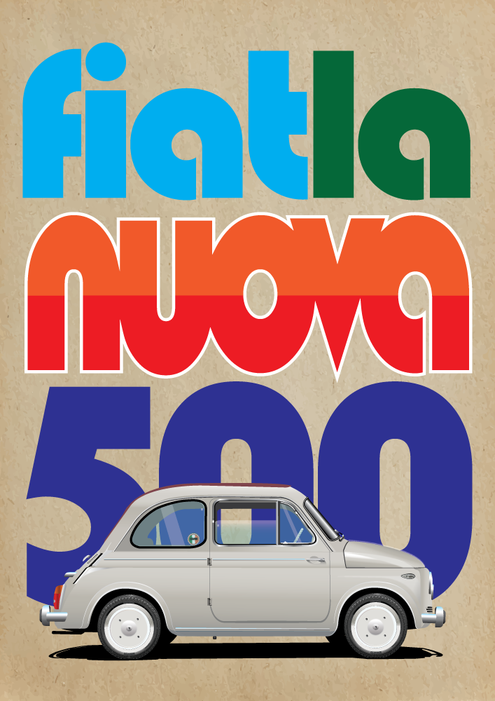 FIAT poster - Grey Nuova 500  - Canvas background - Fiat la nuova 500