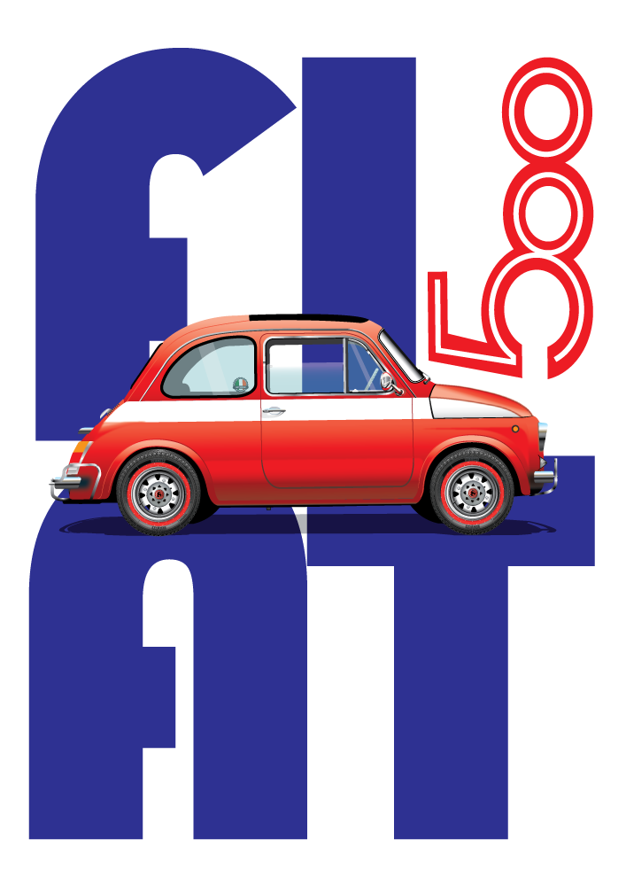 FIAT poster - Red with white stripe  - White background - Fiat 500