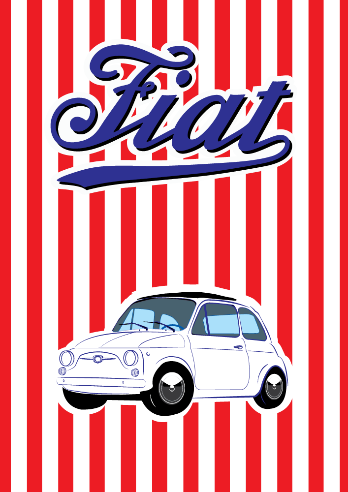 FIAT poster - White 500 Nuova- Red Stripe background - Blue Script Fiat Logo