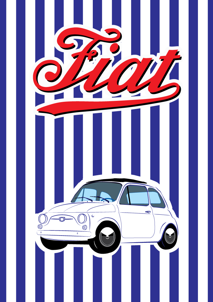 FIAT poster - White 500 Nuova- Blue Stripe background - Red Script Fiat Logo