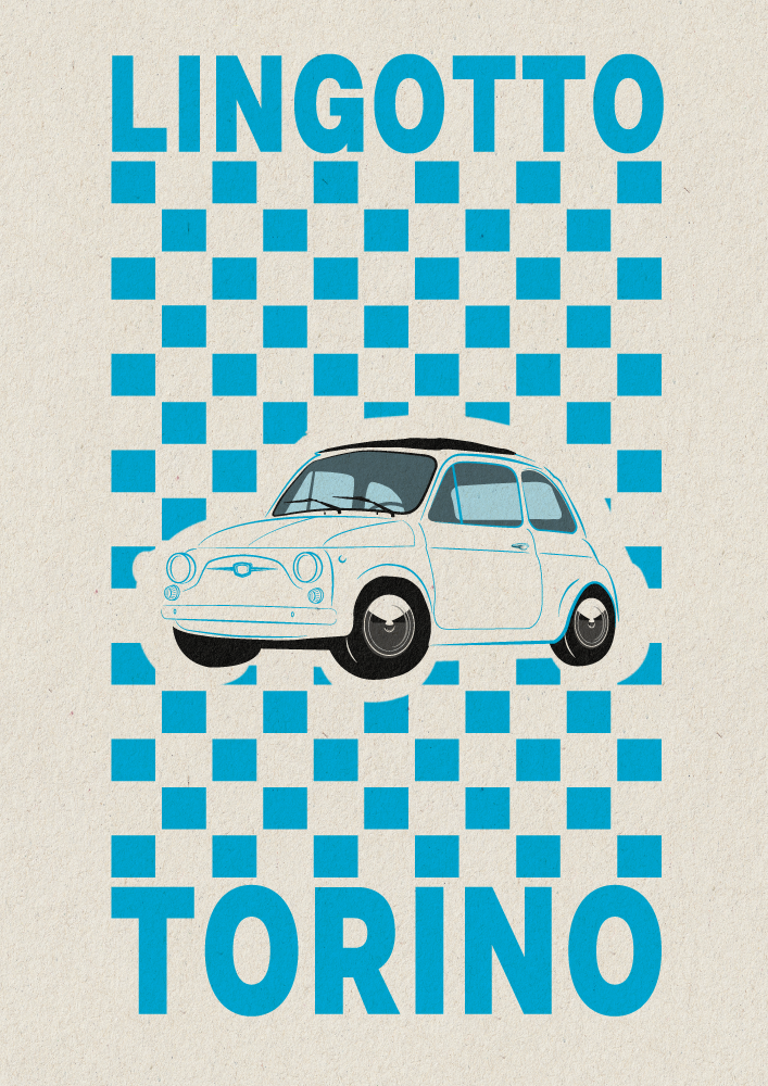 FIAT poster - White 500 Nuova- Blue checker background - Lingotto/Torino