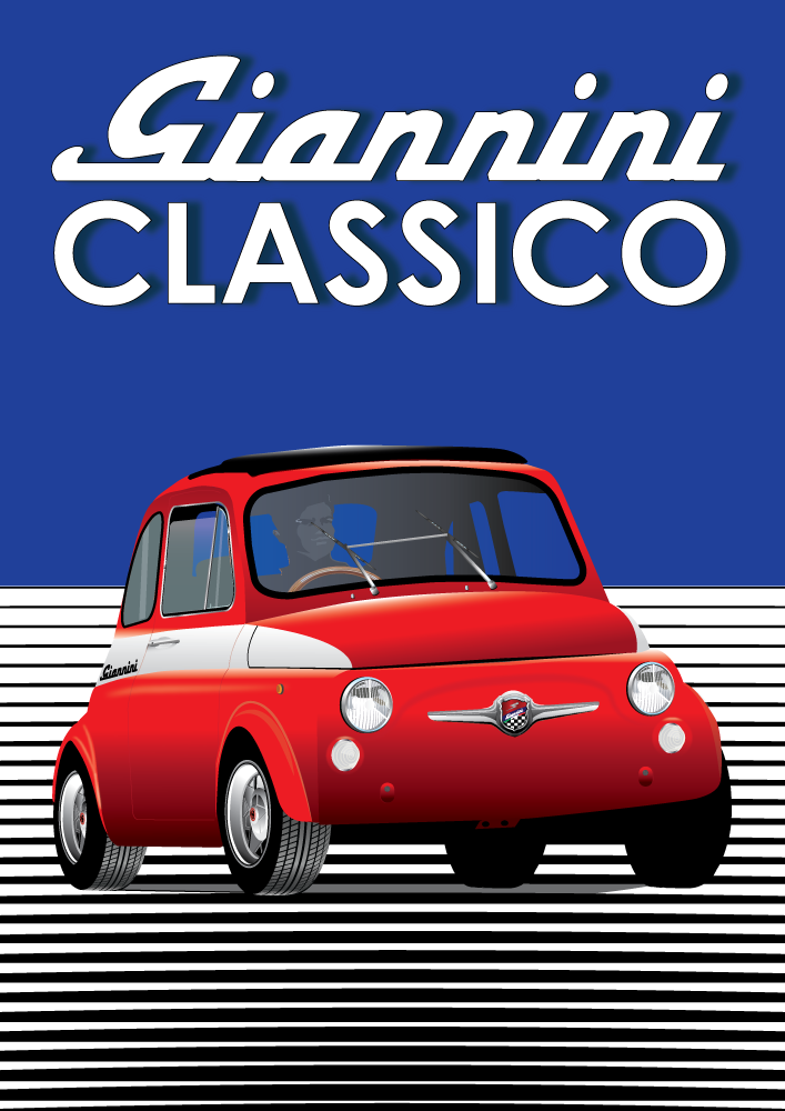 FIAT poster - Red 500 Giannini - Blue - Black Stripe background - Giannini Classico