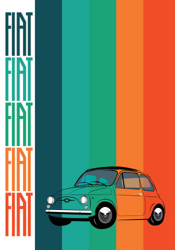 FIAT poster – NUOVA 500 – Five Stripe background – Multi Fiat LOGO