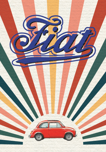 FIAT poster – NUOVA 500 Red – Sun Burst background – Fiat Logo