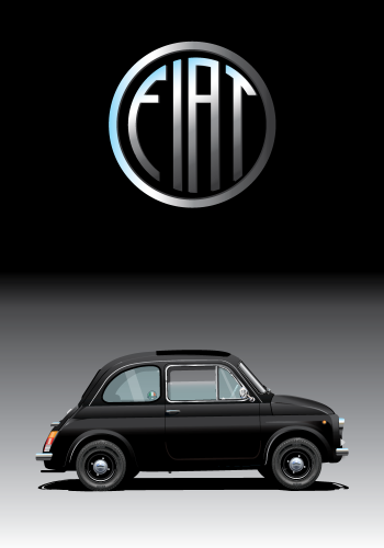 FIAT poster – NUOVA 500 Black – Black and Grey background – Fiat Circle Logo