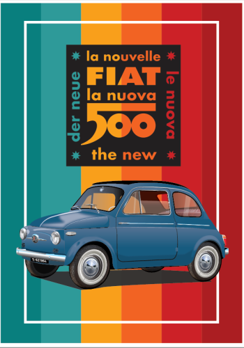 FIAT poster – NUOVA 500 Blue  – Blue to Red stripe background – Fiat nuova square Logo