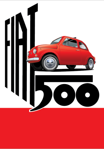 FIAT poster – NUOVA 500 Red  – Red stripe background – Fiat 500 Logo