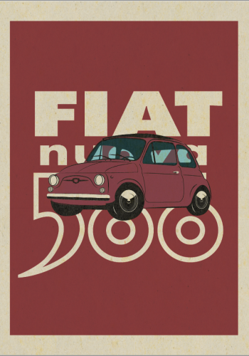 FIAT poster – NUOVA 500 Dark Red  – Red background – Fiat Nuova 500 Logo