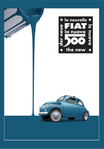 FIAT poster – NUOVA 500 Blue – Paint Can background – Fiat Nuova 500 Logo