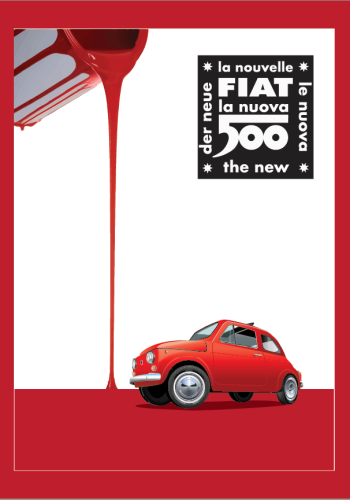 FIAT poster – NUOVA 500 Red – Paint Can background – Fiat Nuova 500 Logo