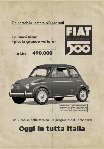 FIAT poster – NUOVA 500 – Italian Sales Advert background – Fiat 500 logo