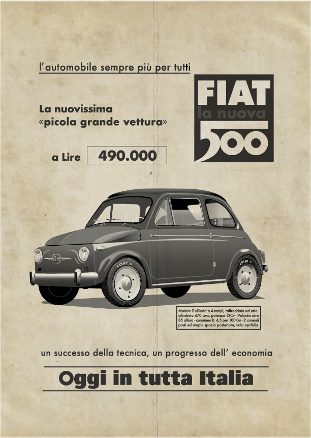 FIAT poster - NUOVA 500 - Italian Sales Advert background - Fiat 500 logo