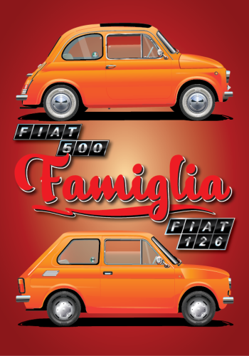 FIAT poster – NUOVA 500 – 126 Orange  – Red background Famiglia  – Nuova 500 & 126 Logo