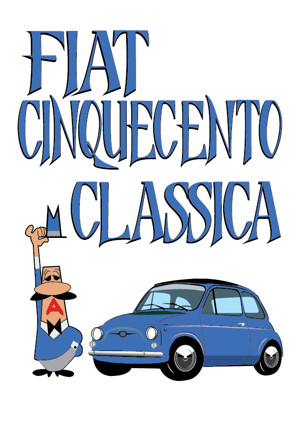 FIAT poster - NUOVA 500 Blue - White background Coffee Man - Fiat Cinquecento Classica
