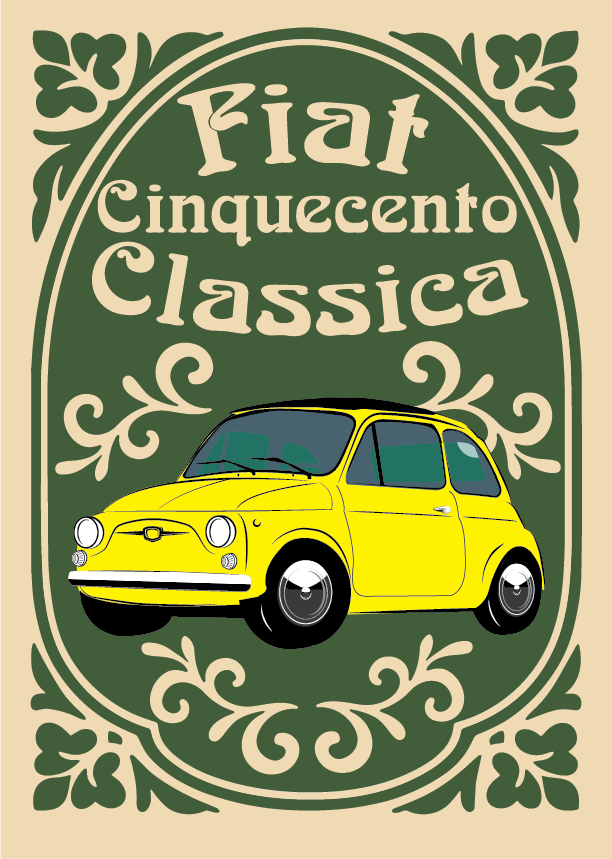 FIAT poster - NUOVA 500 Yellow - Green Floral background - Fiat Cinquecento Classica