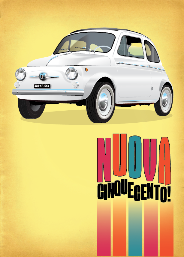 FIAT poster - NUOVA 500 white - Faded Yellow background - Nuova Cinquecento Logo
