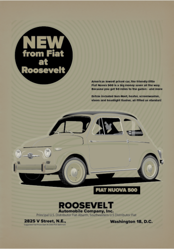 FIAT poster – NUOVA 500 – USA Sales Advert background – Roosevelt