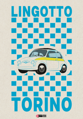 FIAT poster – Classic 500 White with yellow stripe – Blue checker background – Lingotto Torino