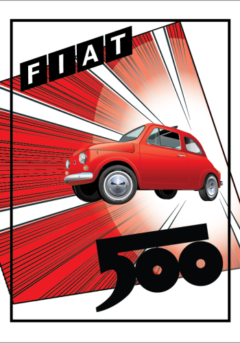 FIAT poster – Classic 500 Red – Off set speed pop art background – Square FIAT logo