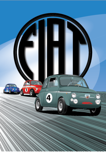 FIAT poster – Classic 500 Green, Red and Blue Abarth – Speed background Blue Sky – Circular Fiat