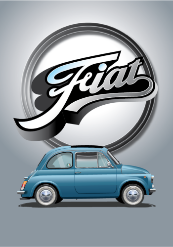 FIAT poster – Classic 500 Blue – Grey Background – Circular script Fiat logo