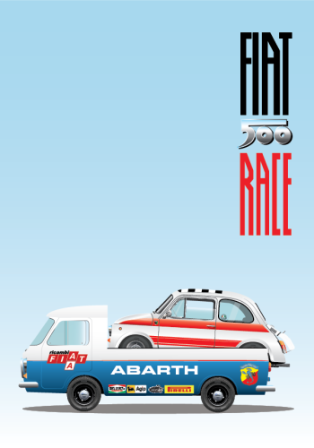FIAT poster – Classic 500 Abarth and Transporter – Sky blue Background – Fiat 500 Race