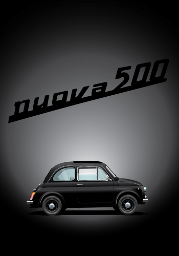 FIAT poster – Classic 500 Side On  – Black on Black background – Nuova 500 Logo