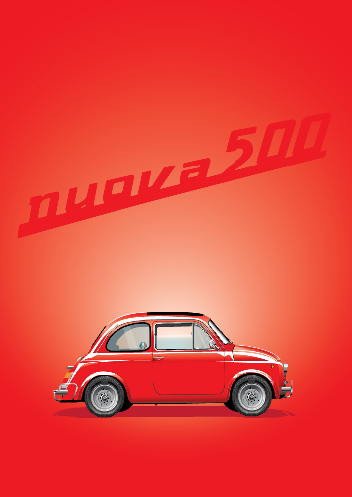 FIAT poster - Classic 500 Side On  - Red on Red background - Nuova 500 Logo
