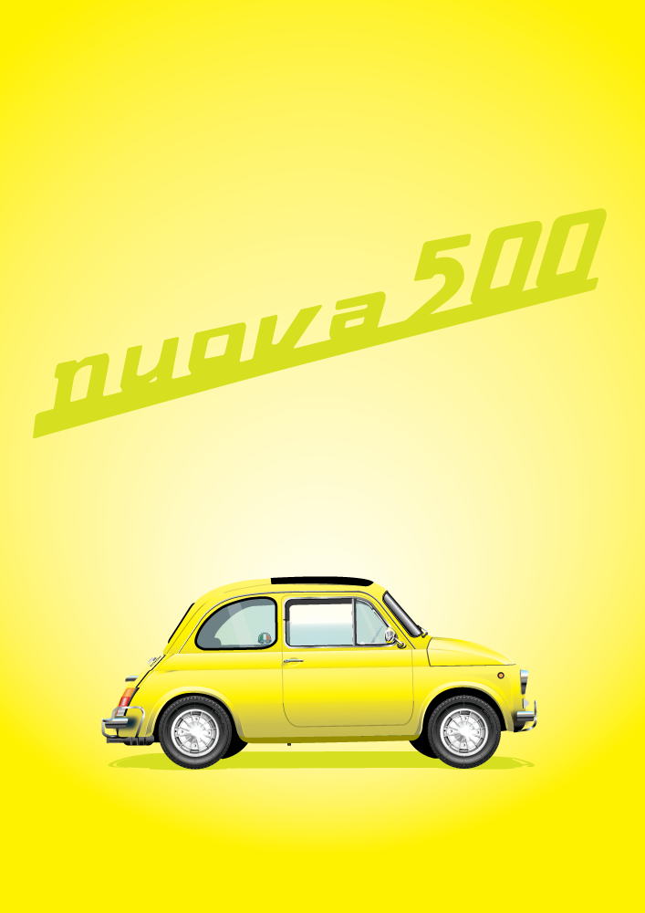 FIAT poster - Classic 500 Side On  - Yellow on Yellow background - Nuova 500 Logo