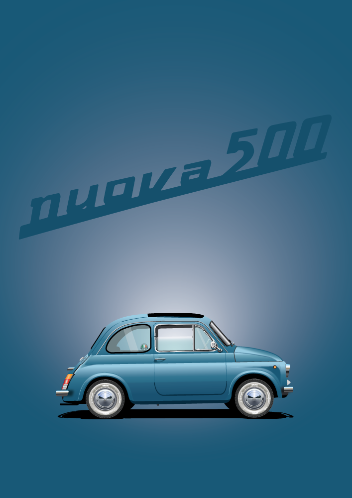FIAT poster - Classic 500 Side On  - Blue on Blue background - Nuova 500 Logo