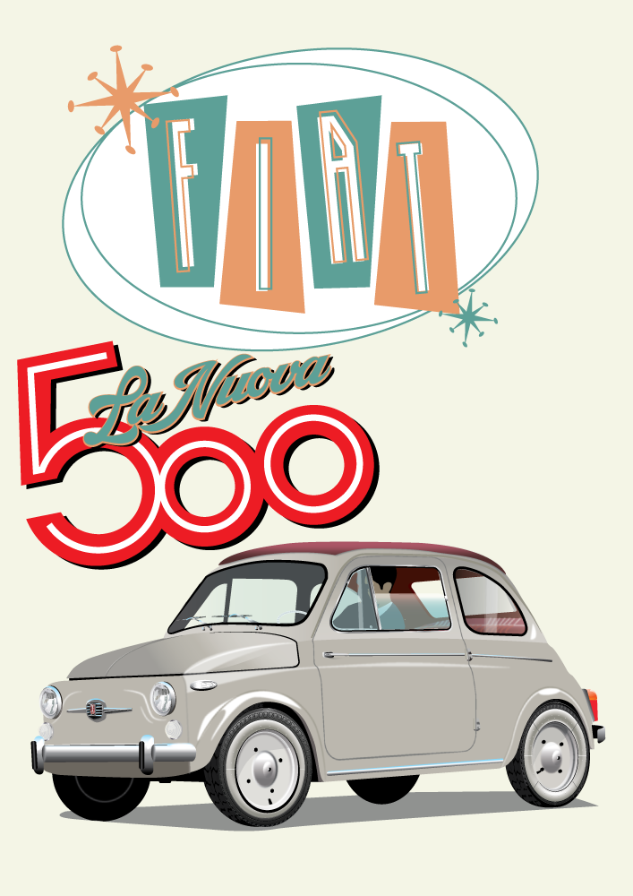 FIAT poster - Nuova 500  - Light Tan background - 1960's Retro logo - La Nuova 500