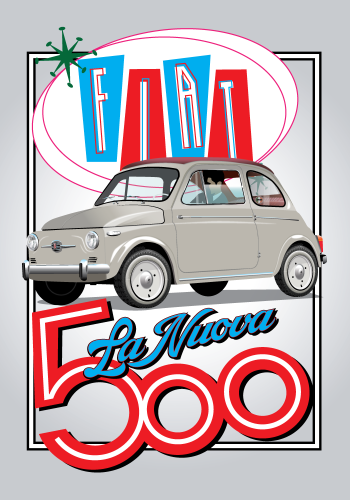 FIAT poster – Nuova 500  – Grey background – 1960’s Retro logo – La Nuova 500