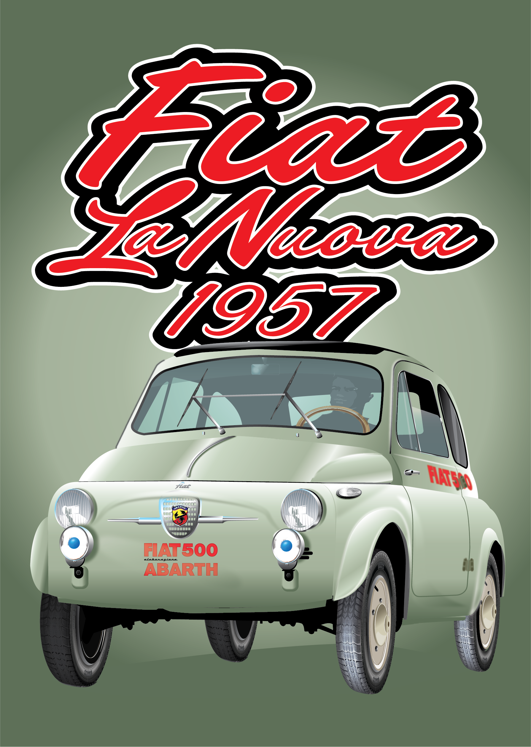 FIAT poster - Nuova 500 Abarth - Green background - Red Fiat La Nuova 1957