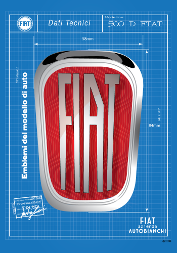 FIAT poster – 500 Badge – blueprint – blue background – Fiat logo