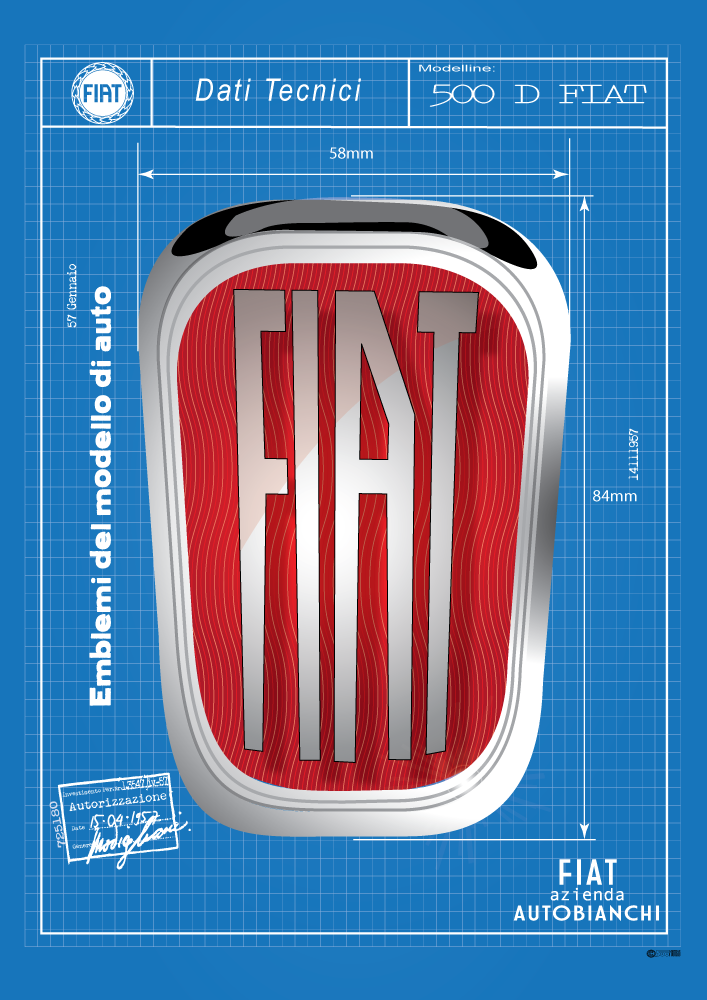 FIAT poster - 500 Badge - blueprint - blue background - Fiat logo