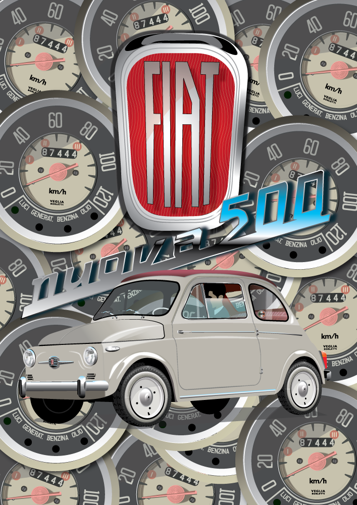 FIAT poster - NUOVA 500 - Speedo Clock background - Fiat Nuova 500 logo